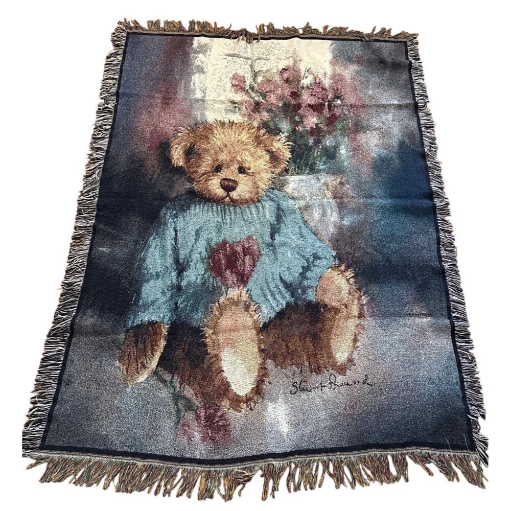 Teddy Bear Blanket Woven Tapestry Throw Fringe Large 48x66" Stewart Sherwood